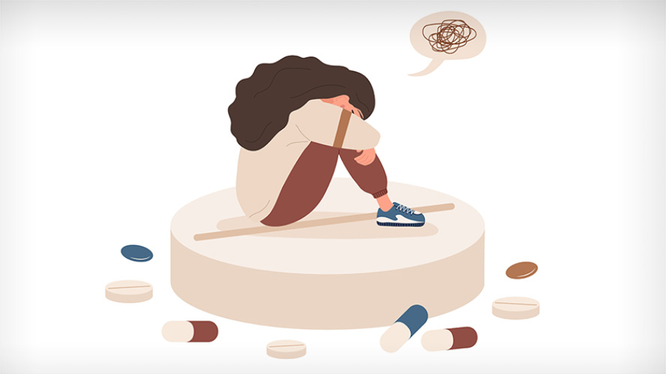 Illustration of a woman who is upset with head in her knees sitting on a large pill and surrounded by other pills.